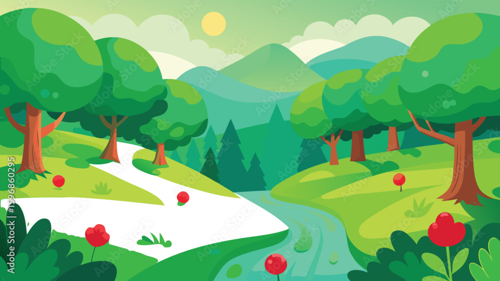 Obraz premium Cartoon Landscape with Green Trees River Mountains and Red Flowers in Spring