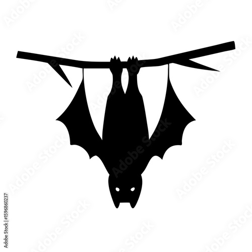 Eerie Silhouette: A sleek black bat hangs upside down from a bare tree branch, a stark image that conjures the mysteries and chills of a spooky night. 
