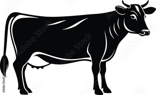 Black Cow Silhouette Standing Profile View Isolated on White Background Vector Illustration