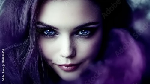 Wallpaper Mural Mysterious Gaze: Portrait of a woman in purple hues surrounded by swirling smoke Torontodigital.ca