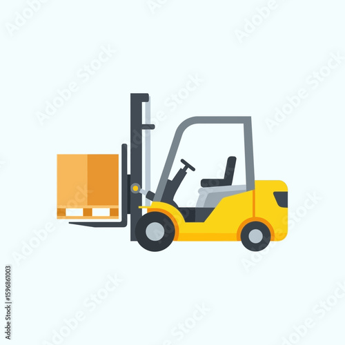 Yellow forklift carrying a brown cardboard box on a light blue background.