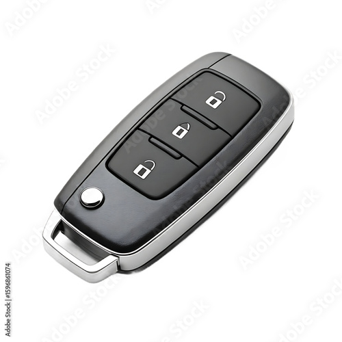 Black car key fob with three buttons isolated on a transparent background