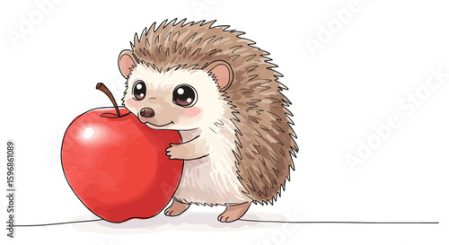 Cute Hedgehog Holding an Apple – Children’s Illustration — one line doodle drawing with watercolor fill, minimalistic vector illustration on white background