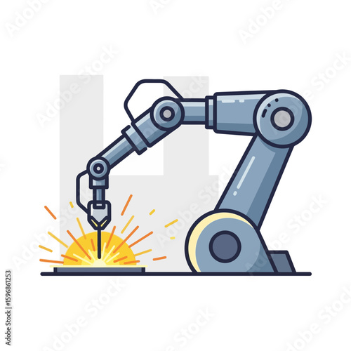 Robotic arm welding metal with sparks in a factory or industrial setting.