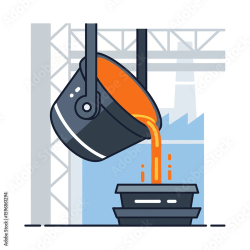 Molten metal pouring from a ladle into a mold in a factory.