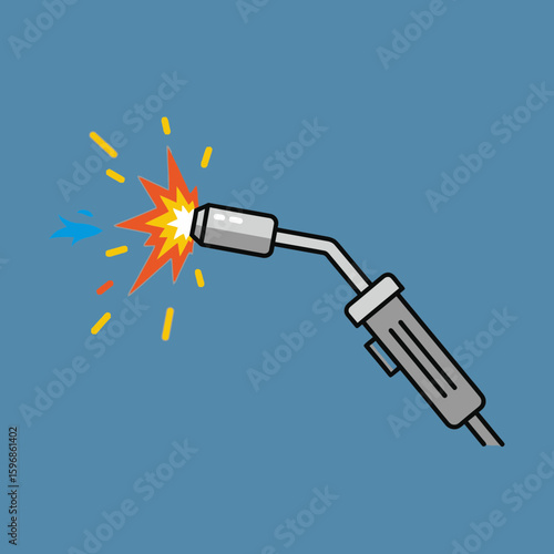 Welding torch with sparks on blue background.