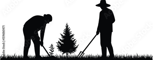 Silhouette of two gardeners planting tree, teamwork in garden, nature conservation, outdoor landscaping, black vector illustration