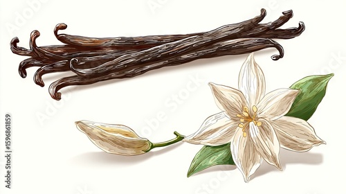 Hand drawn illustration of vanilla beans and a flower.