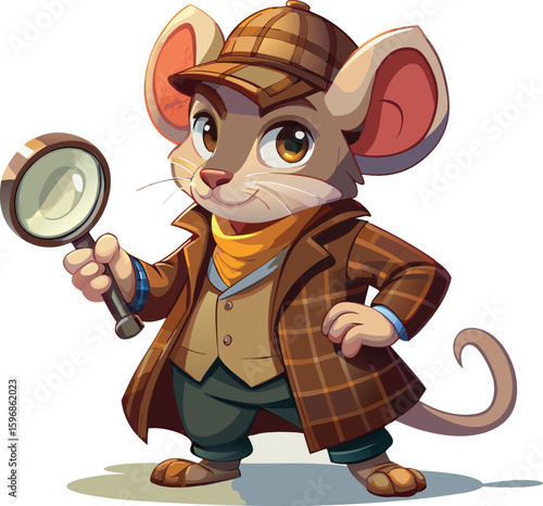 Cartoon Mouse Detective Investigating with Magnifying Glass in a Brown Plaid Outfit