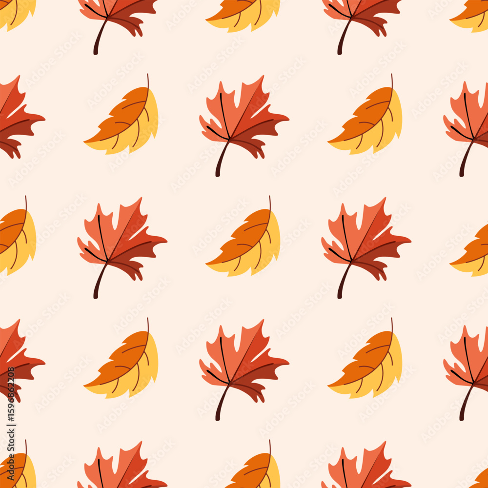 Fototapeta premium Seamless pattern of doodle Autumn leaves on an isolated background. Hand-drawn backdrop for autumn harvest celebrations, Thanksgiving, Halloween, seasonal events, textiles, and scrap booking.