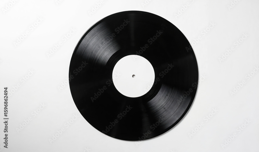 Obraz premium Black vinyl record player on gray background. Record player design is intricate with white record and black speaker. Studio shot of analog music equipment