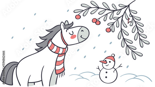 Delightful Bashful Horse in a Winter scene – Winter Wonderland vector illustration