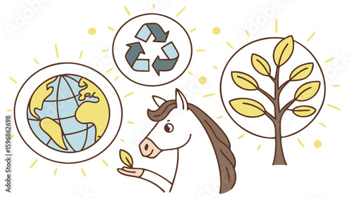 Vector illustration of a Curious Horse, styled in a Earth Day theme using Go Green Planet colors