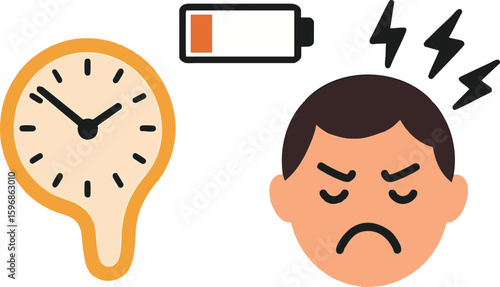 Flat vector concept of burnout with melting clock, battery icon and stressed face, isolated on white