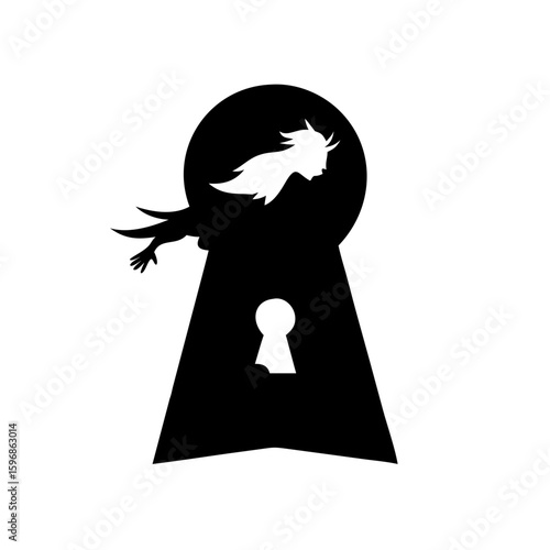 Vector art of a witch peers through a keyhole in silhouette, isolated on white background