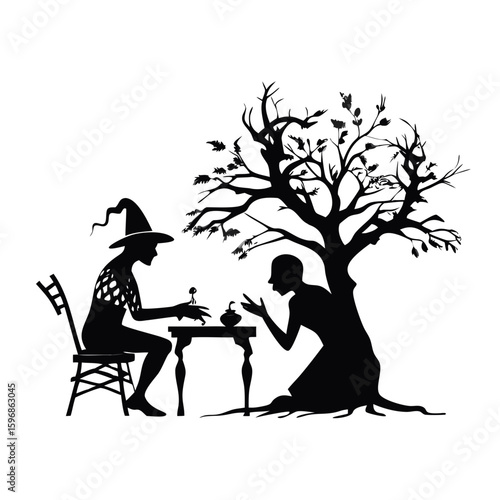 Vector art of a witch is telling a fortune in silhouette isolated on white background
