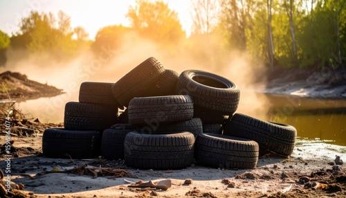 Pile of Old Tires by Riverbank with Dust in Beautiful Sunset Light