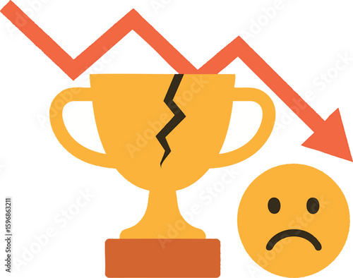 Flat vector concept of failure with cracked trophy, downward arrow and sad face, isolated on white