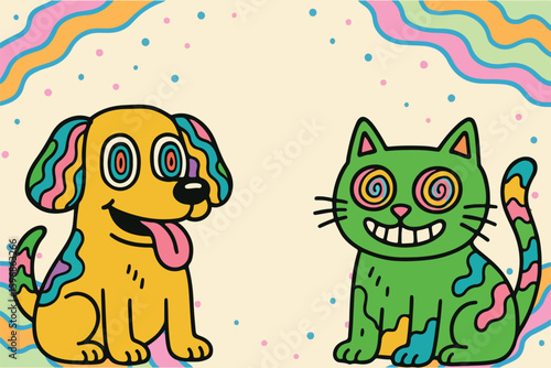 Psychedelic Cute Dog and Cat Vector Illustration, Vibrant, trippy dog and cat art. Perfect for playful designs and digital use
