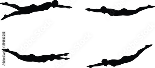 Swimmer silhouettes cad drawing flat vector illustration, cartoon-style figures in dynamic diving poses, showcasing athletic motion, strength, and aquatic grace