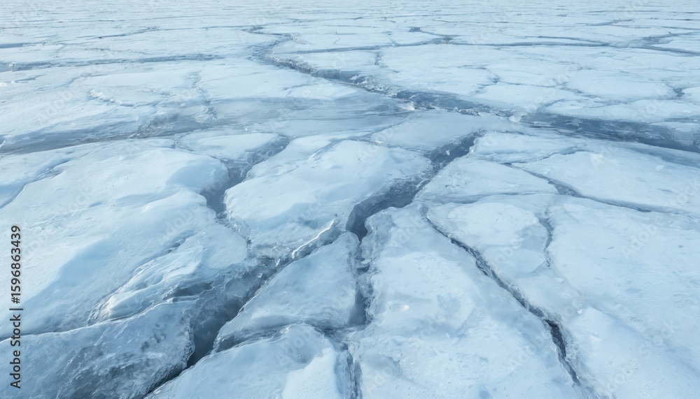 Fototapeta premium Cracked ice surface with light reflections, icy transparent crystals. Fragile, delicate, complex, intricate, sharp, fragile, fragile beauty, crystal clarity, glace, shine, brilliance, aesthetic,