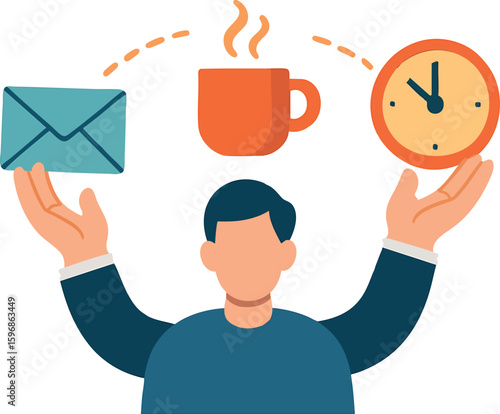 Flat vector concept of multitasking with hands juggling icons: email, coffee, clock, isolated on white