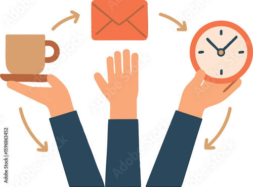 Flat vector concept of multitasking with hands juggling icons: email, coffee, clock, isolated on white