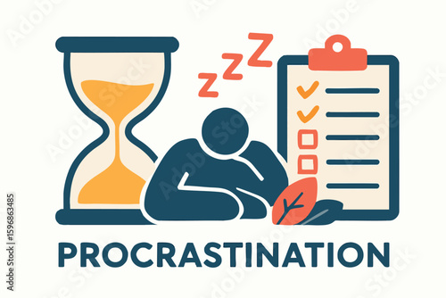 Flat vector concept of procrastination with hourglass, nap icon and unfinished tasks, isolated on white