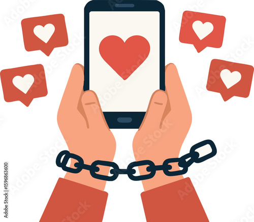 Flat vector concept of social media addiction with phone, chained hands and likes, isolated on white