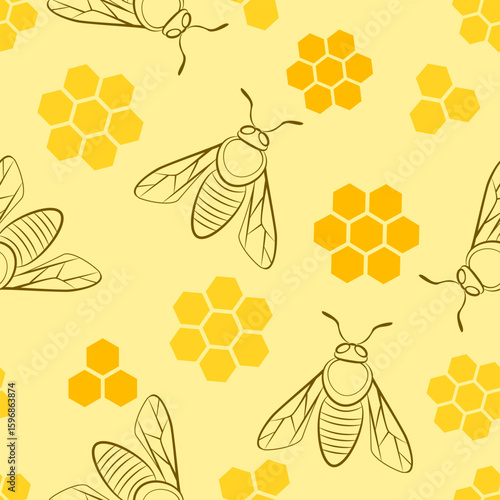 Bees and honeycombs seamless pattern. Vector background.