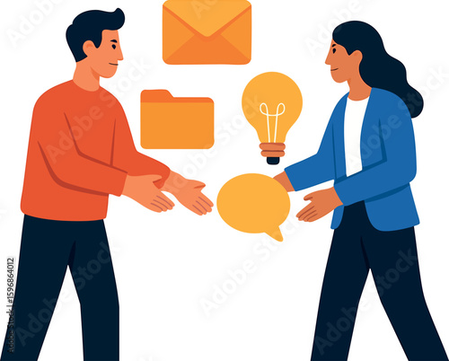 Flat vector coworkers passing icons to each other: email, folder, idea bubble, isolated on white