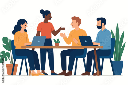 Flat vector coworking space scene with laptops, plants and team interaction, isolated on white