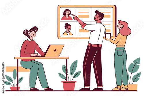 People collaborating on a video conference with one person pointing at the screen display panel created with generated ai