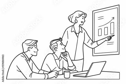 Woman presenting a growth chart to two men in a meeting with a laptop and coffee cup on the table created with generated ai