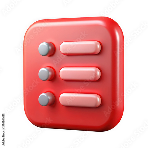 Red 3d list icon with rounded corners isolated on transparent background