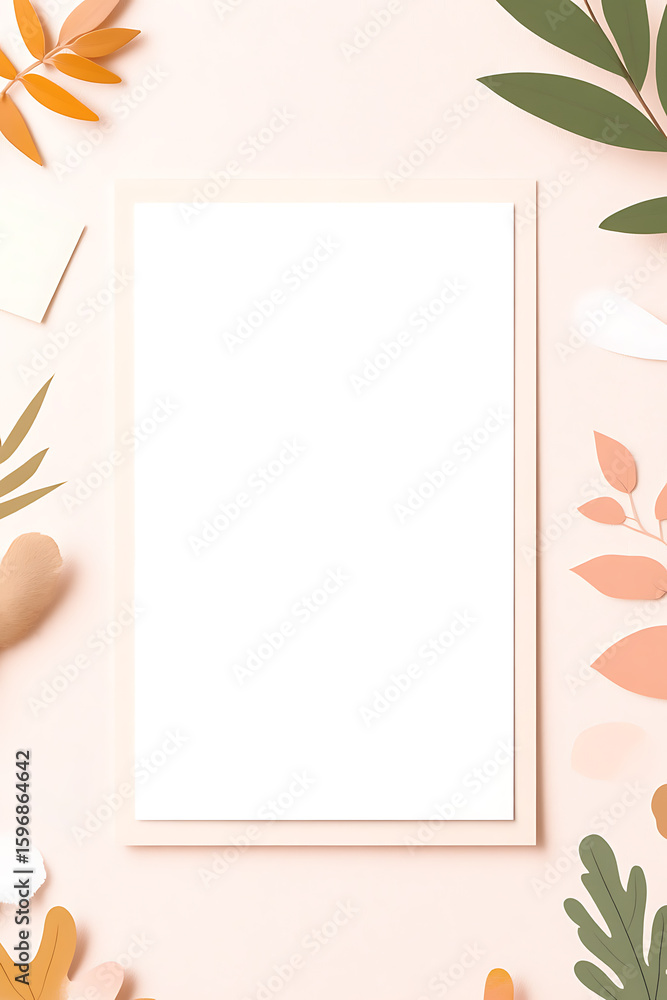 Fototapeta premium Elegant blank canvas surrounded by paper cutouts. Perfect for presentations, social media, or website mockups.