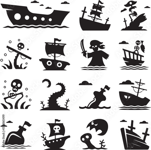 Ship, Icon, Set, Ghost, Pirate, Sea, Horror, Monster, vector, silhouette