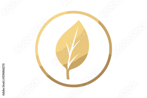 Vector emblem featuring a golden tropical palm leaf in a round frame, presented in a trendy minimal linear style, suitable as a logo template for cosmetics, beauty studios, hairdressers, handmade