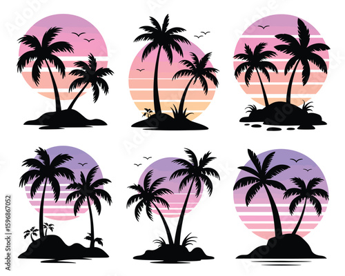 sunset island silhouettes featuring palm trees birds, tropical vibes