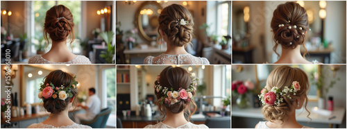 Collage showing various wedding hairstyles for women
