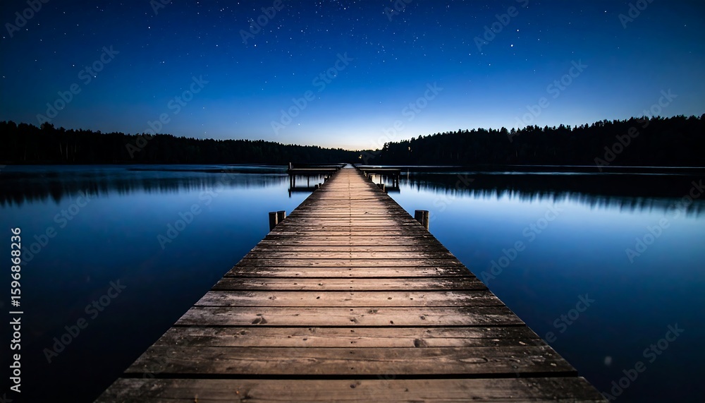 Fototapeta premium Serene lake dock at night under starry sky