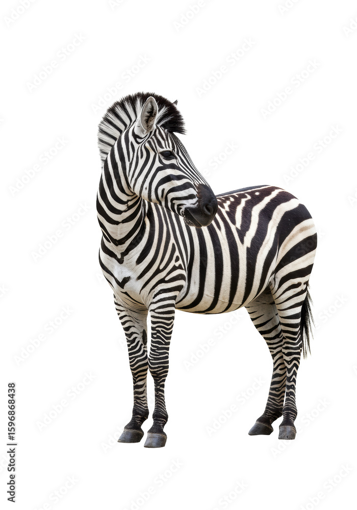 Fototapeta premium A majestic adult zebra with intricate black and white stripes, healthy and well-groomed, stands in a full-body side view on a transparent, isolated studio backdrop with even illumination and no
