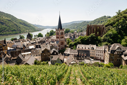 View from the vineyards of the historic Old Town with its half-timbered houses. View of the Rhine River, Bacharach, Hesse, Germany