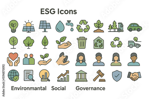 The ESG icon set features Environmental, Social, and Governance line icons, along with an editable stroke collection that includes Sustainability, Solar Panel, Recycling, and Green City vector
