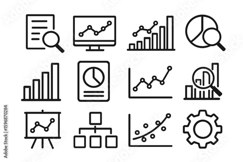 This set includes 40 web icons related to data analysis, presented in a line style, covering various concepts such as graphs, analysis, big data, growth, charts, and research, all in vector
