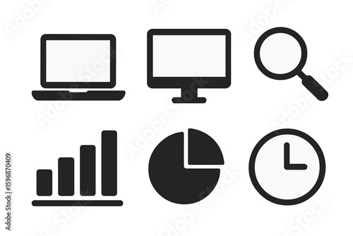 A data analytics icon set is comprised of statistical science data information, including financial profit graphs, databases, statistics, charts, presentations, and performance reviews, along with