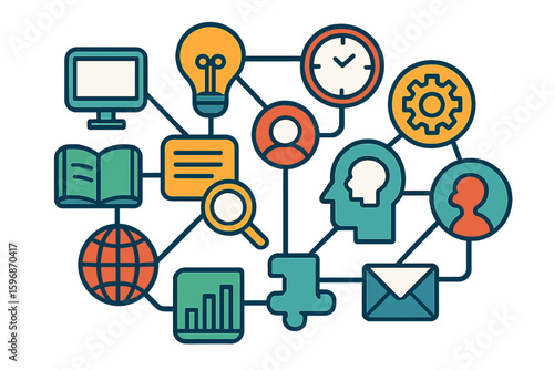 Vector illustration of document management is depicted in blue, focusing on digital file storage systems and software, as well as corporate record-keeping and database technology, including remote