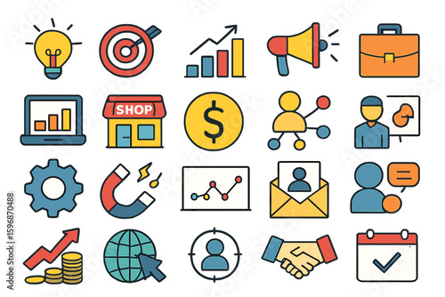 Collection of business and marketing icons in a flat design style