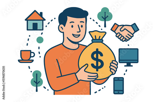 A refinance banner web icon represents financial and home loan concepts, including mortgage, improved terms, debt obligations, properties, reduced interest rates, and cash-out options, in a minimal