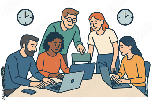 The concept of a digital agency is depicted through an isometric vector illustration of a team building charts and graphs for digital projects based on client briefs, incorporating marketing strategy